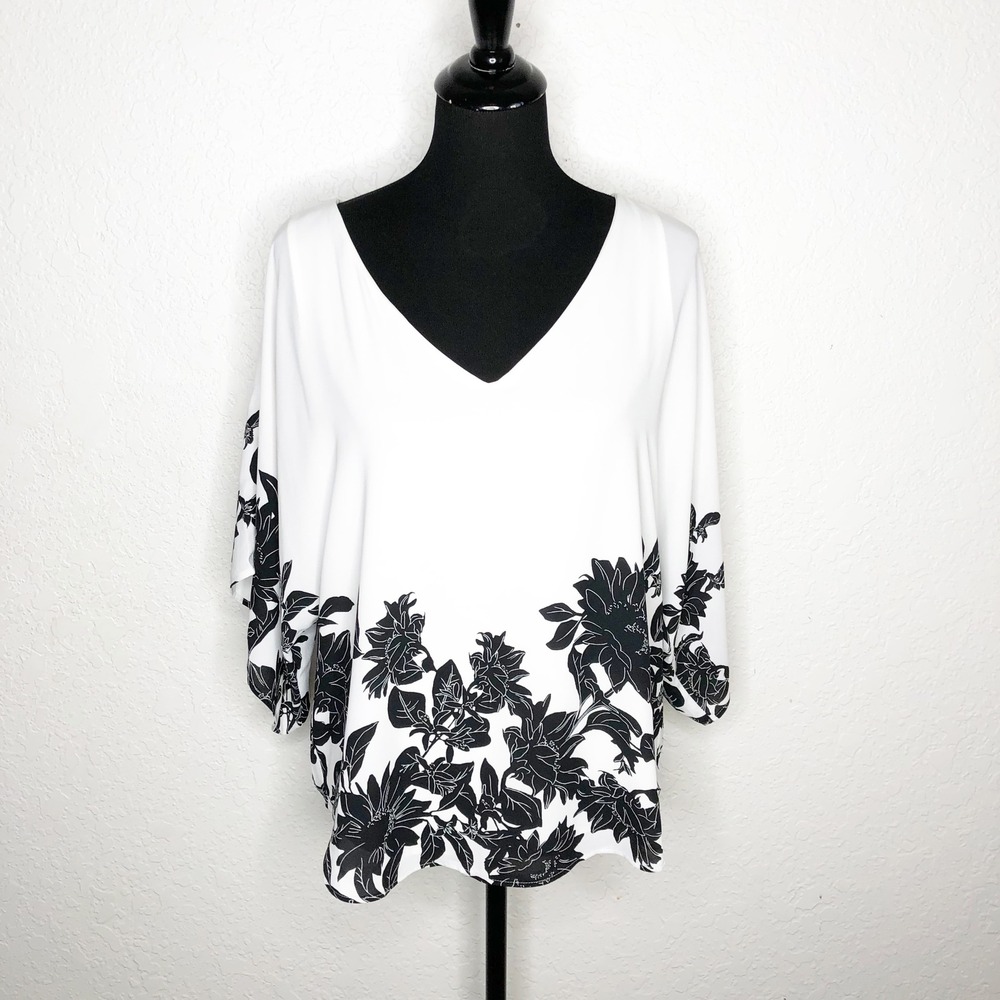 White House Black Market Floral V-Neck Dolman Sleeve Blouse White Black Small